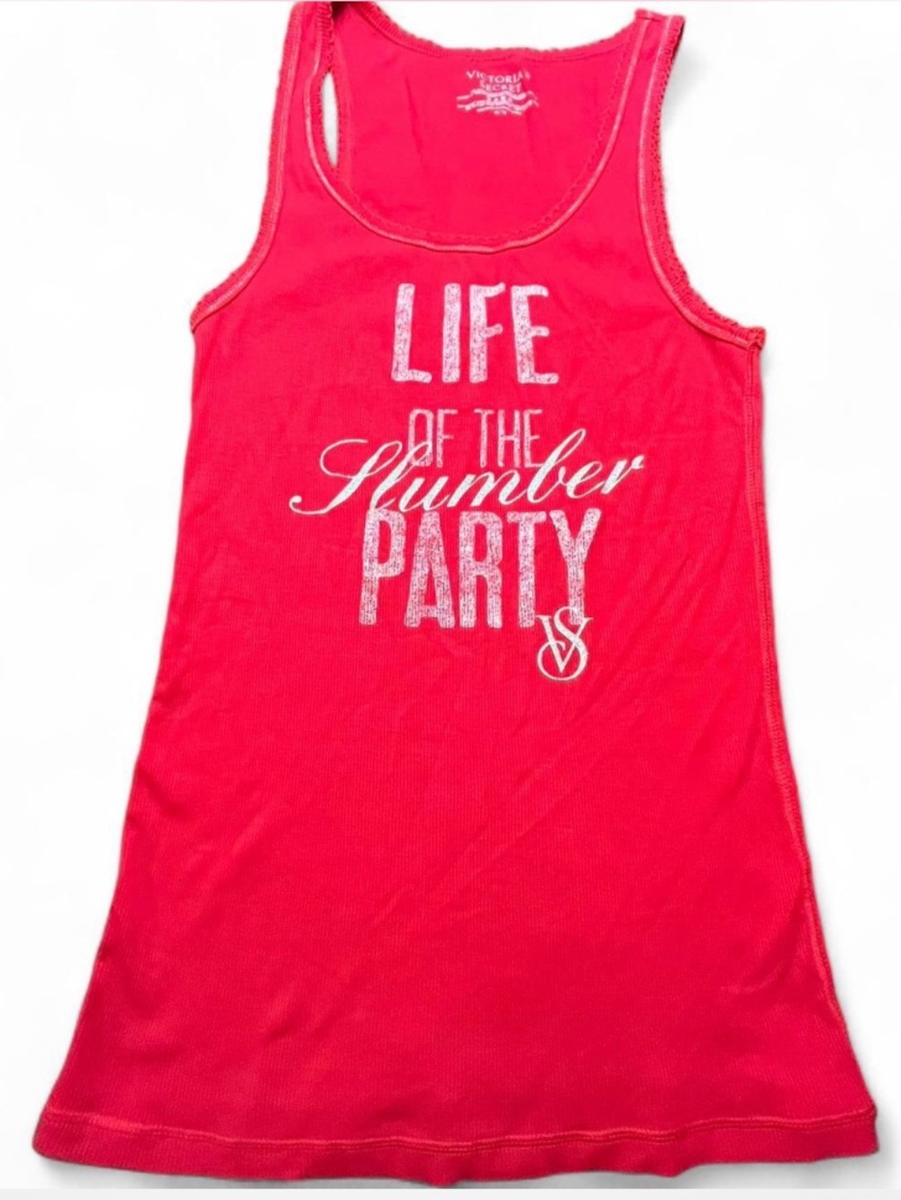 Red Victoria's Secret tank top with "Life of the Slumber Party" graphic. Size M